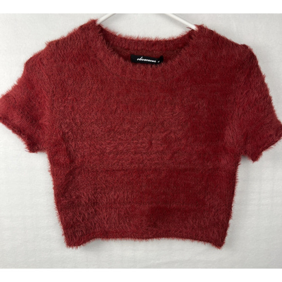 Olivaceous Cropped Sweater Top Womens Medium Ruby Red Fuzzy Knit Pullover - Picture 1 of 7